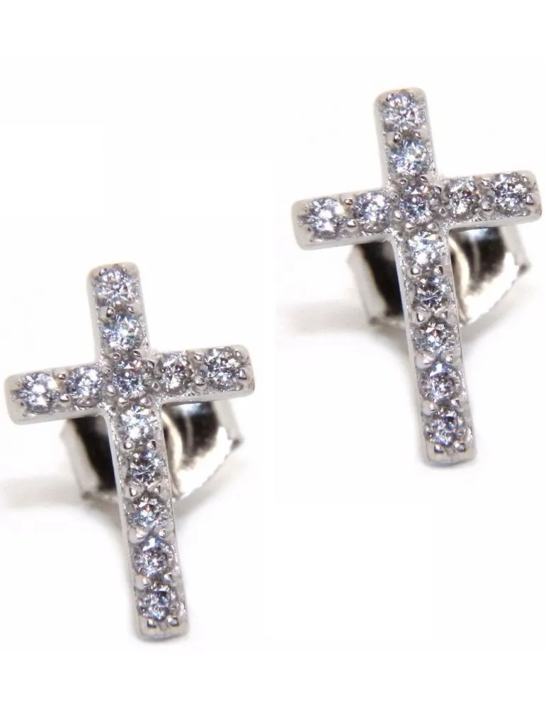 orecchini croce argento 925 luce punto pavè zircone bianco 11x7,5 mm uomo donna