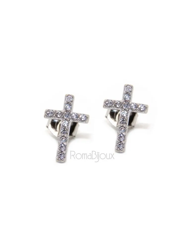 orecchini croce argento 925 luce punto pavè zircone bianco 11x7,5 mm uomo donna