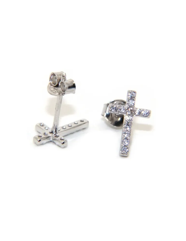 orecchini croce argento 925 luce punto pavè zircone bianco 11x7,5 mm uomo donna