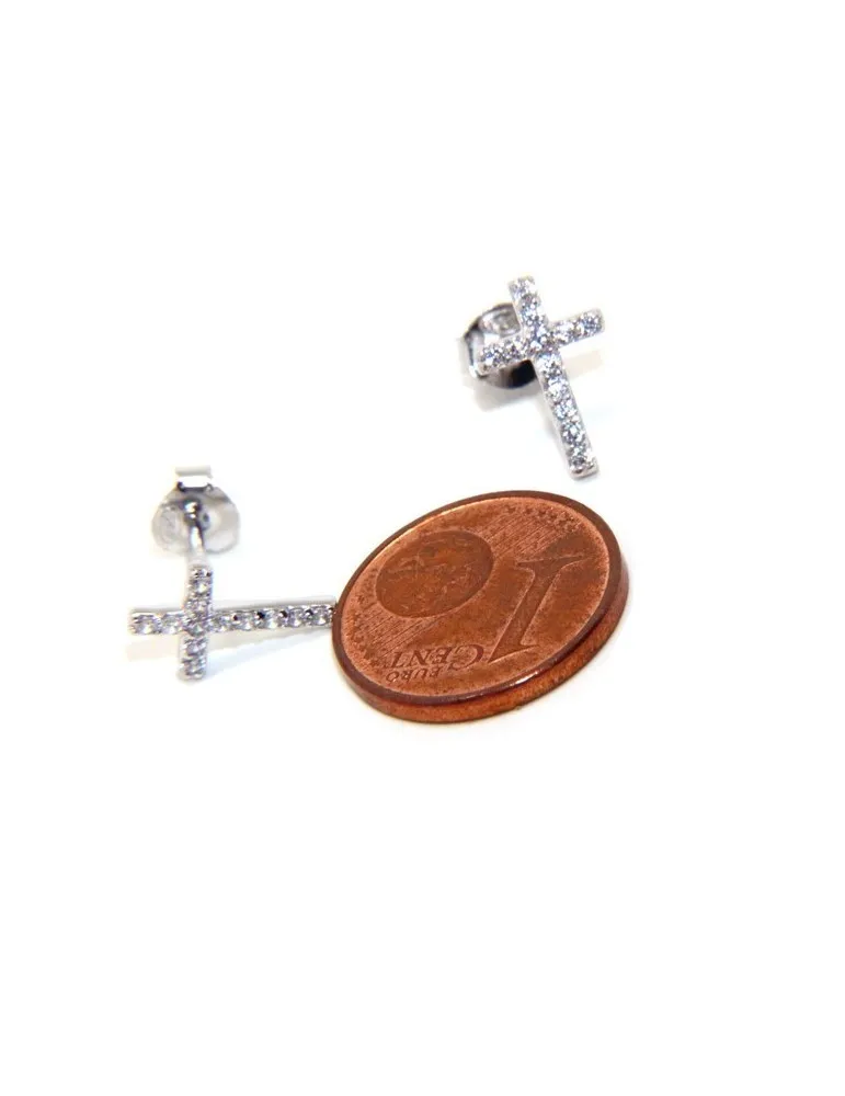 orecchini croce argento 925 luce punto pavè zircone bianco 11x7,5 mm uomo donna