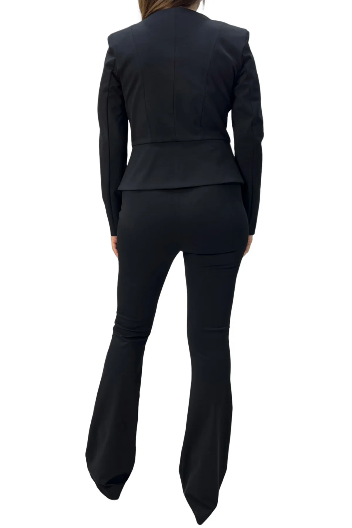Pantalone donna a zampa vita alta bicolor tessuto bistretch con pattina beige e bottone oro