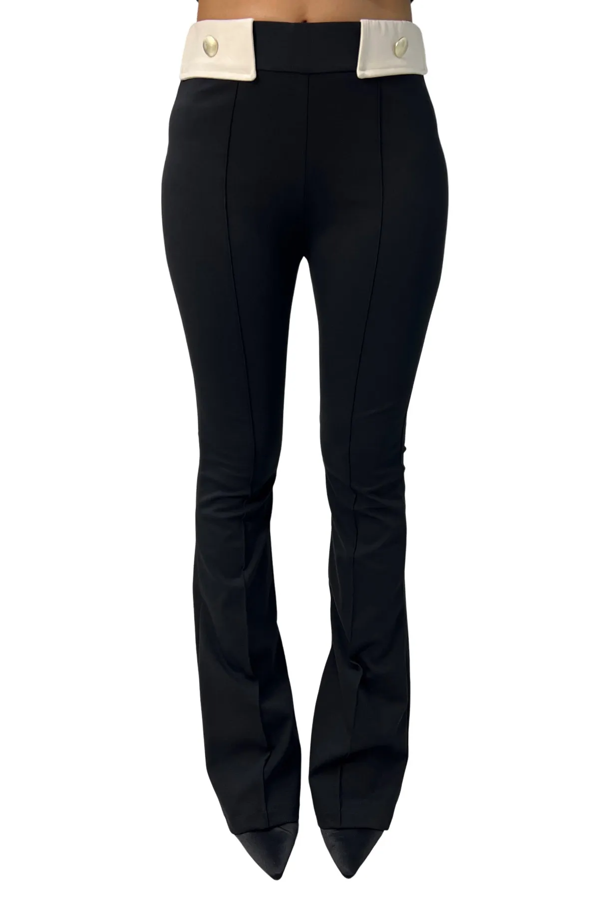 Pantalone donna a zampa vita alta bicolor tessuto bistretch con pattina beige e bottone oro