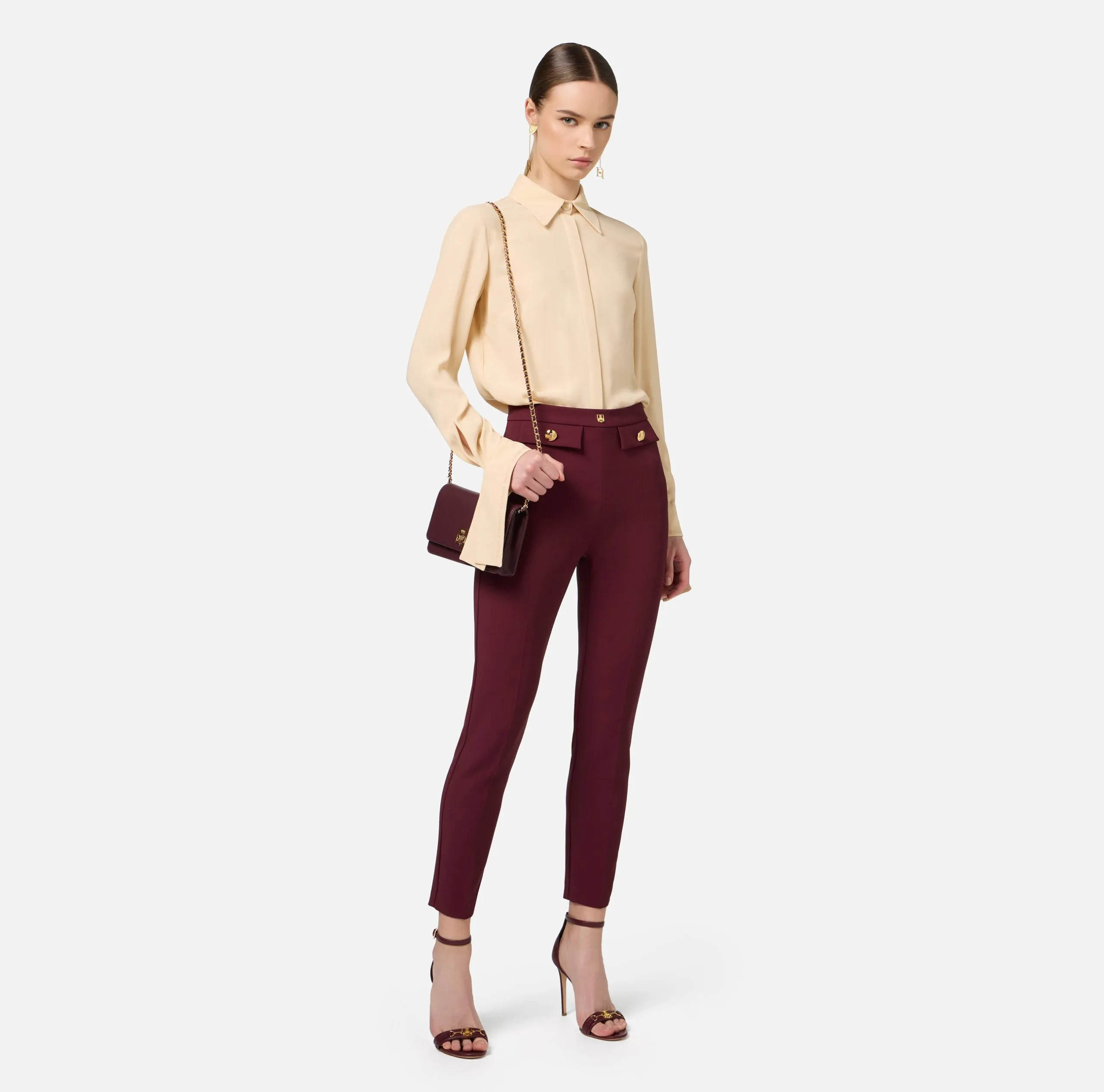 Pantalone Dritto Crêpe Stretch Rivetto Logo Rouge Noir e Nero Elisabetta Franchi