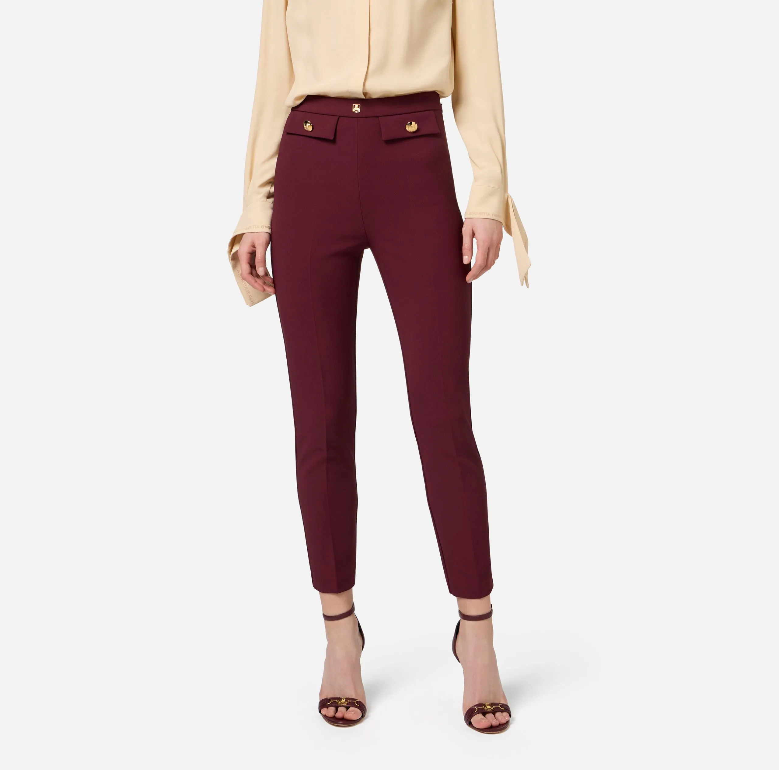 Pantalone Dritto Crêpe Stretch Rivetto Logo Rouge Noir e Nero Elisabetta Franchi