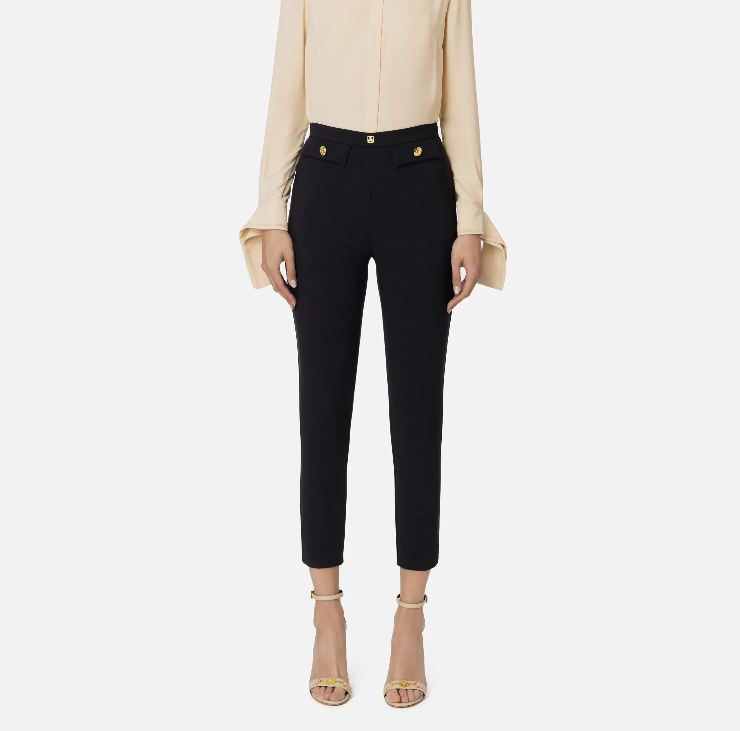 Pantalone Dritto Crêpe Stretch Rivetto Logo Rouge Noir e Nero Elisabetta Franchi