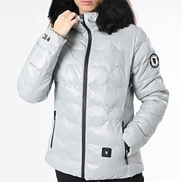 Piumino donna Val Thorens grigio nero con cappuccio in pelliccia