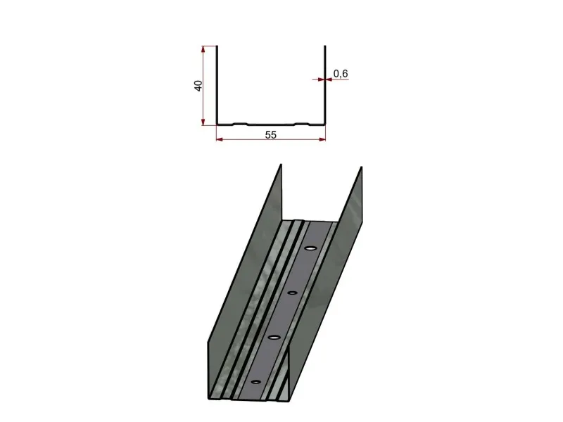 Profilo guida a U in acciaio zincato 55/40 sp 6/10 L 3 m grigio
