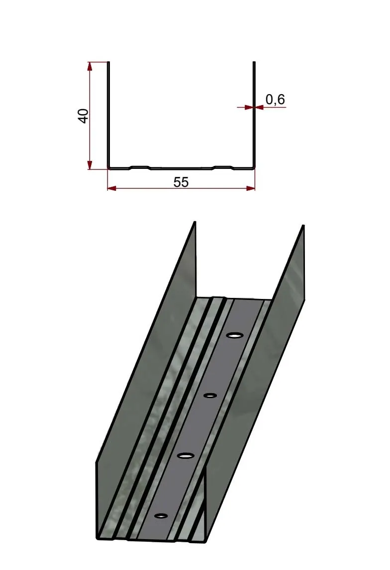 Profilo guida a U in acciaio zincato 55/40 sp 6/10 L 3 m grigio