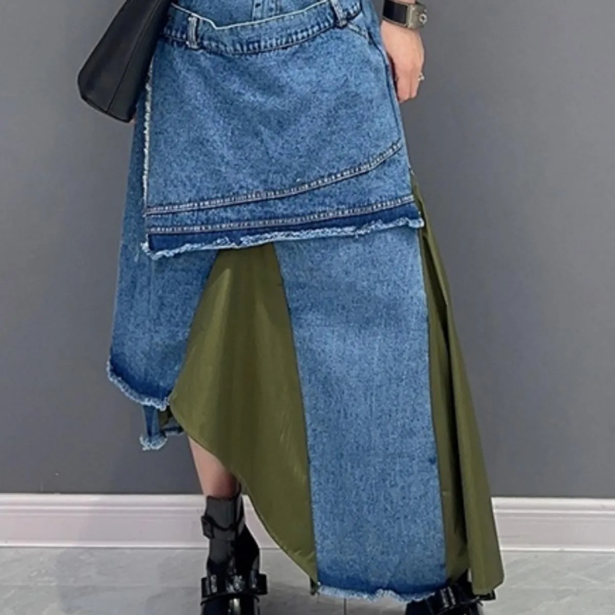 Qing Mo 2023 Estate Nuovo Stile Casual Denim Splice Irregolare Singolo Pezzo Mezza Gonna Donna Nero Verde Gonna Zxf3129