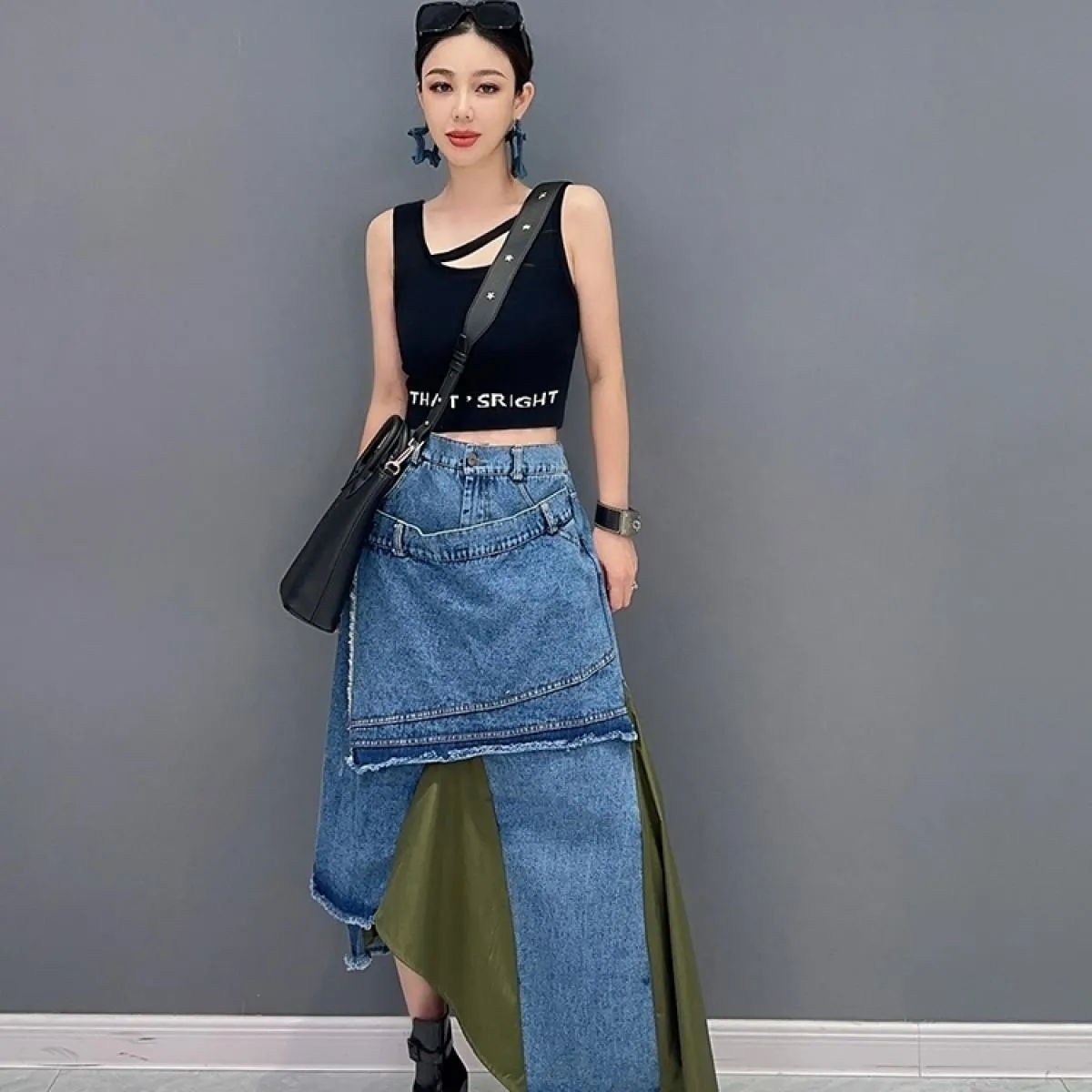 Qing Mo 2023 Estate Nuovo Stile Casual Denim Splice Irregolare Singolo Pezzo Mezza Gonna Donna Nero Verde Gonna Zxf3129