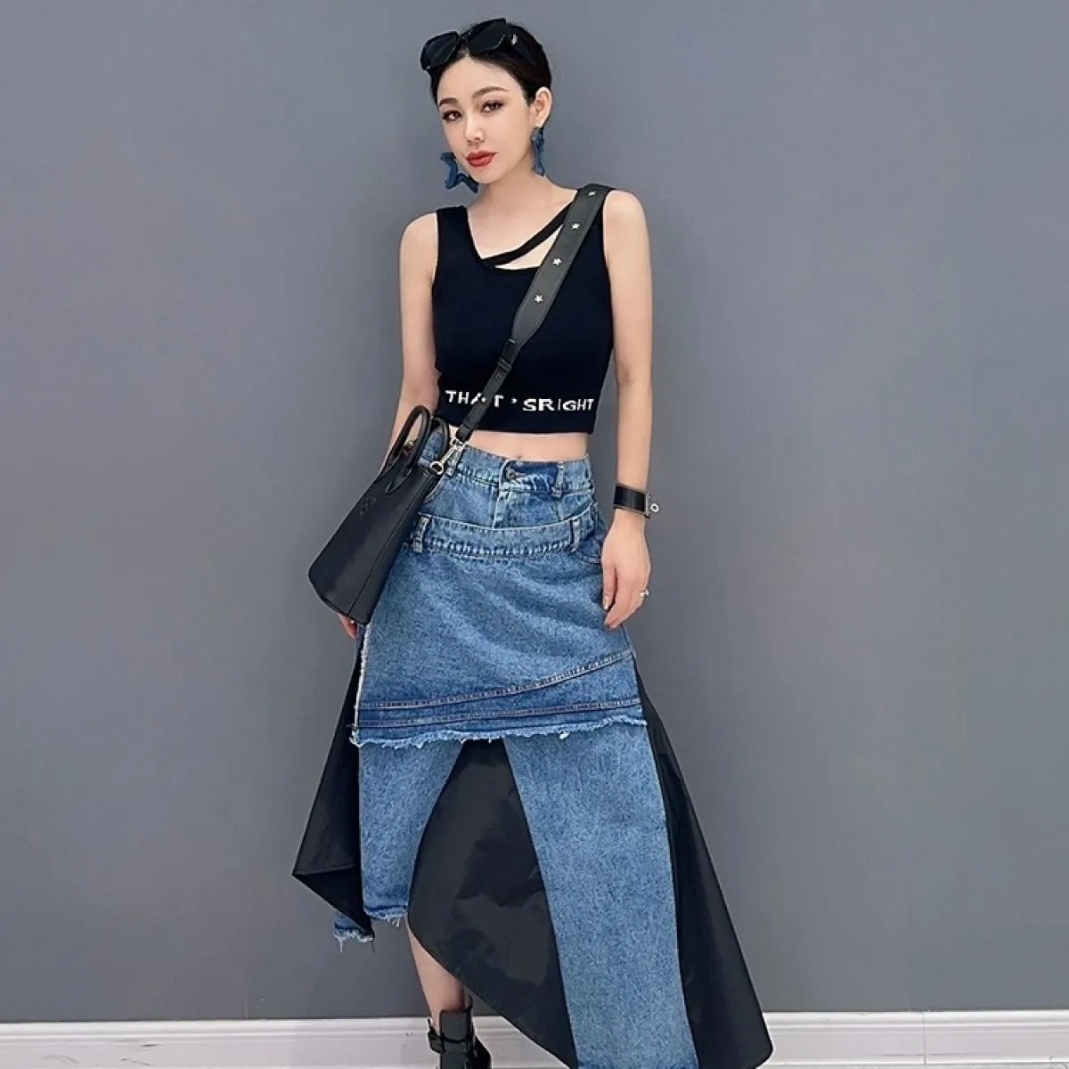Qing Mo 2023 Estate Nuovo Stile Casual Denim Splice Irregolare Singolo Pezzo Mezza Gonna Donna Nero Verde Gonna Zxf3129