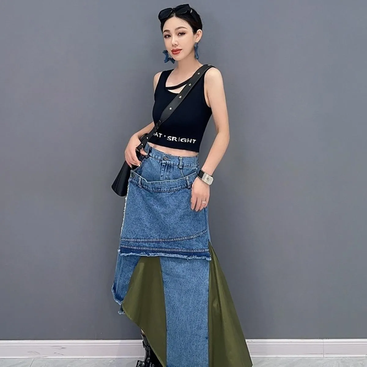 Qing Mo 2023 Estate Nuovo Stile Casual Denim Splice Irregolare Singolo Pezzo Mezza Gonna Donna Nero Verde Gonna Zxf3129