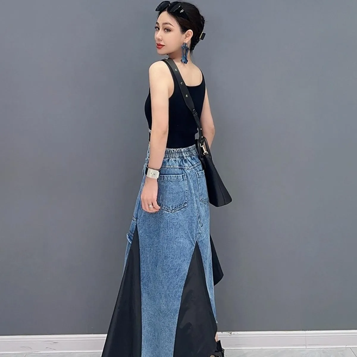 Qing Mo 2023 Estate Nuovo Stile Casual Denim Splice Irregolare Singolo Pezzo Mezza Gonna Donna Nero Verde Gonna Zxf3129