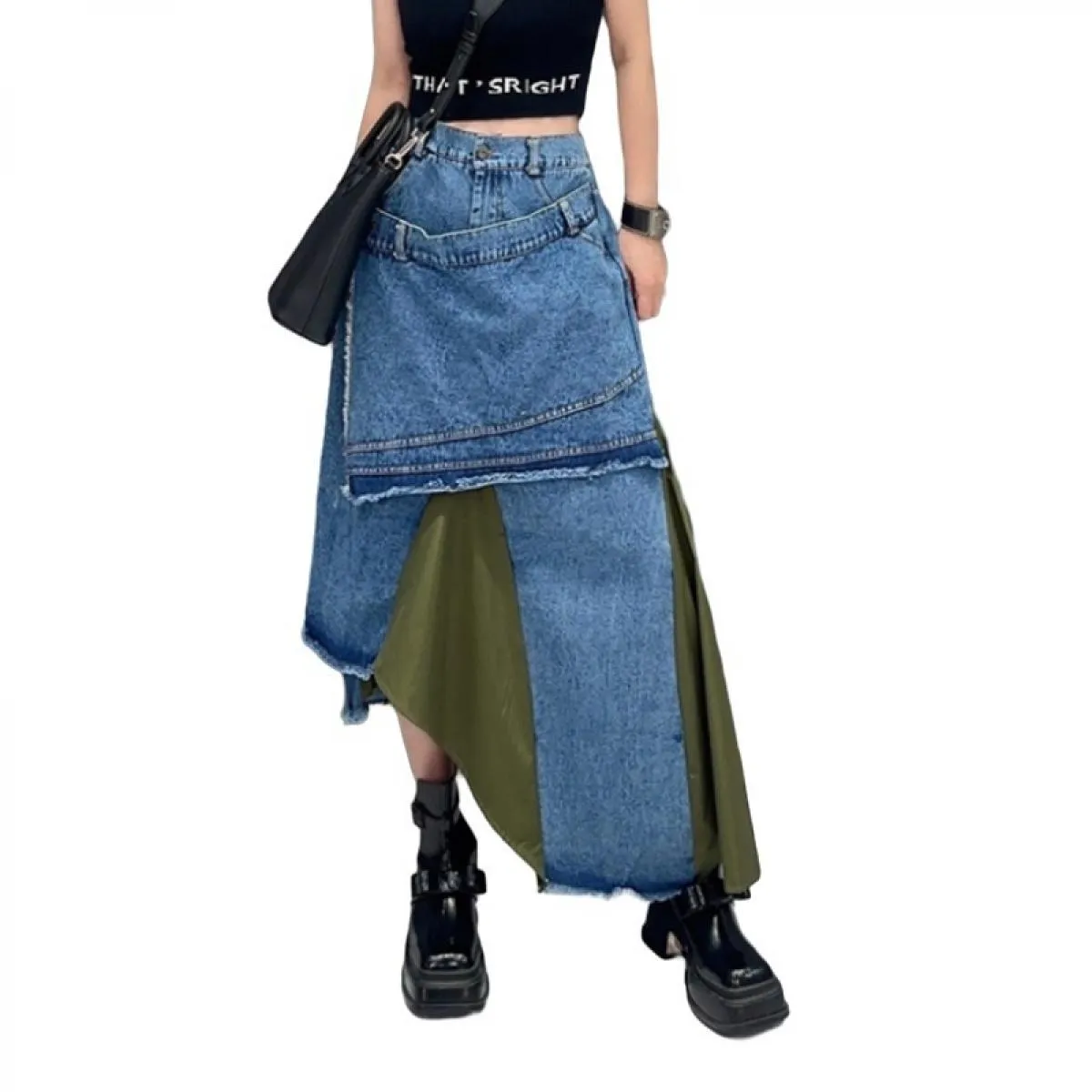 Qing Mo 2023 Estate Nuovo Stile Casual Denim Splice Irregolare Singolo Pezzo Mezza Gonna Donna Nero Verde Gonna Zxf3129