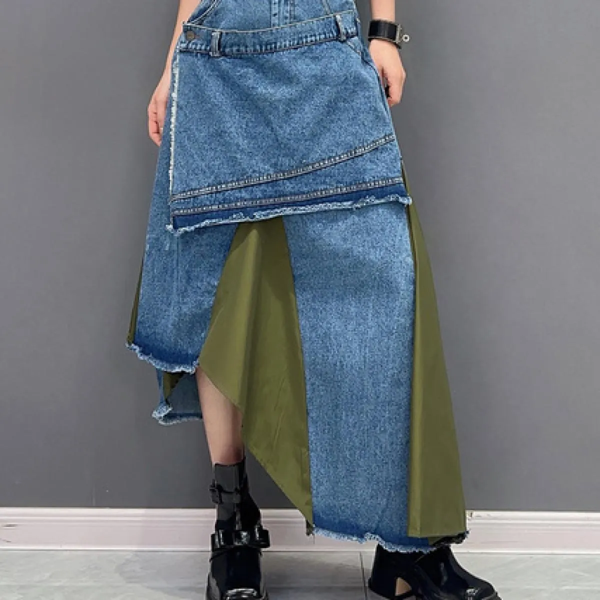Qing Mo 2023 Estate Nuovo Stile Casual Denim Splice Irregolare Singolo Pezzo Mezza Gonna Donna Nero Verde Gonna Zxf3129