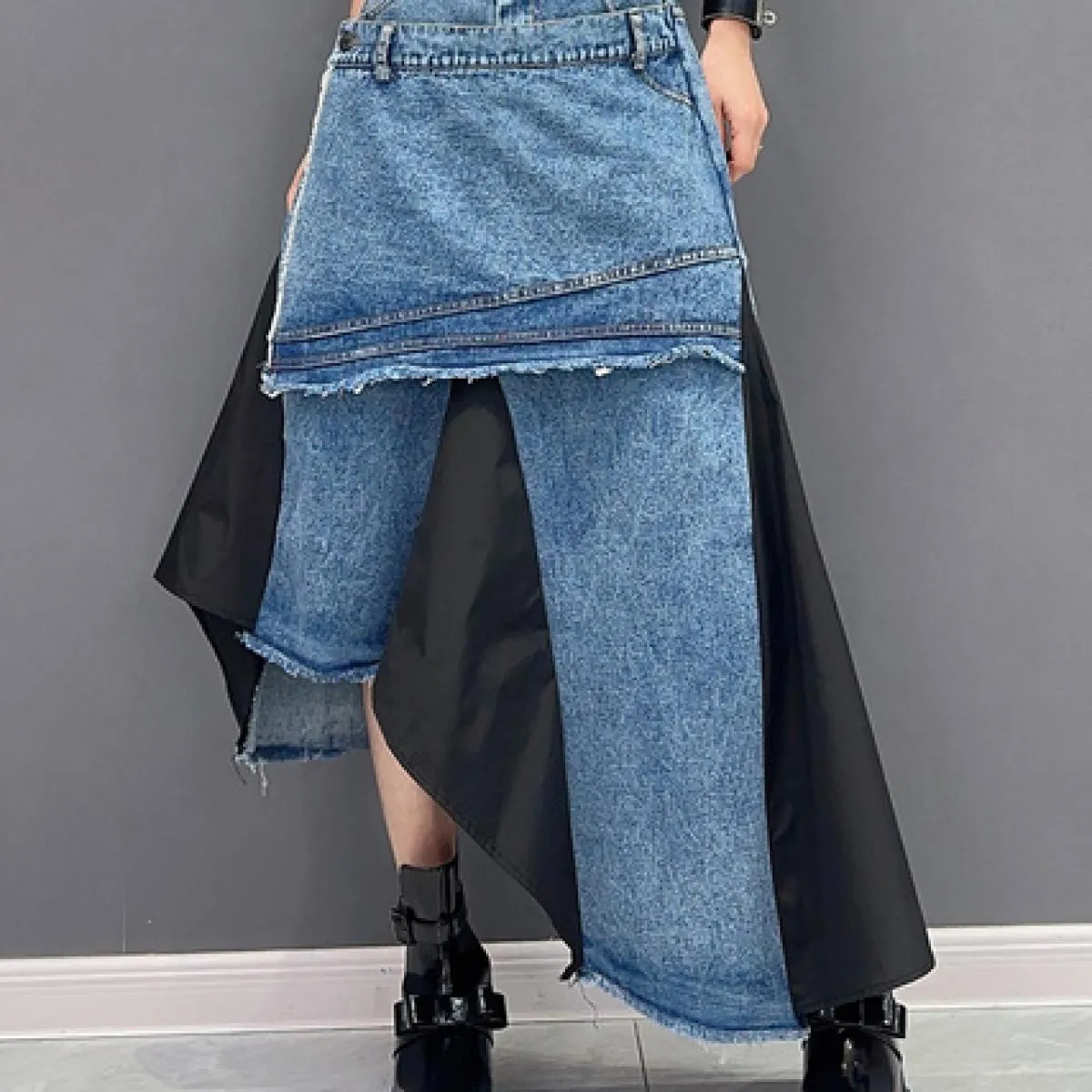 Qing Mo 2023 Estate Nuovo Stile Casual Denim Splice Irregolare Singolo Pezzo Mezza Gonna Donna Nero Verde Gonna Zxf3129