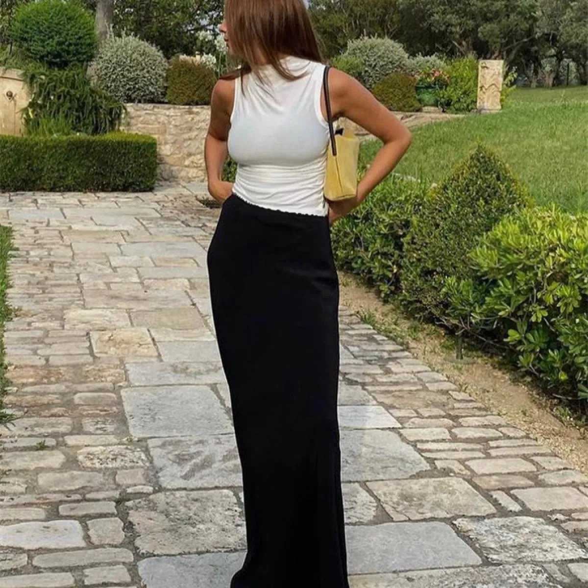 Raso a vita alta per gonna lunga da donna Moda elegante cerniera patchwork gonna lunga slim tinta unita Y2k lunga