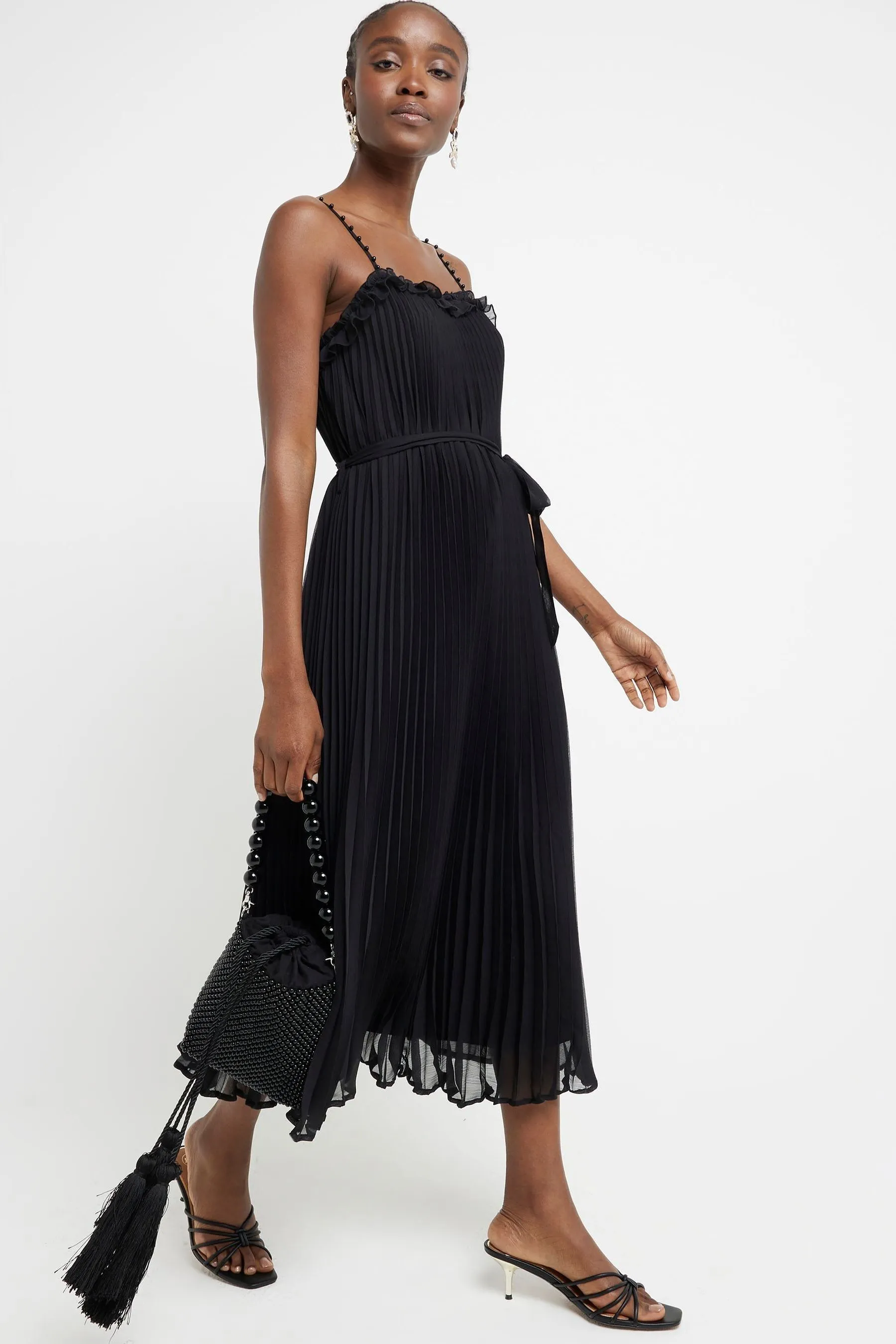 River Island A pieghe - Abito midi con Ruches e perle