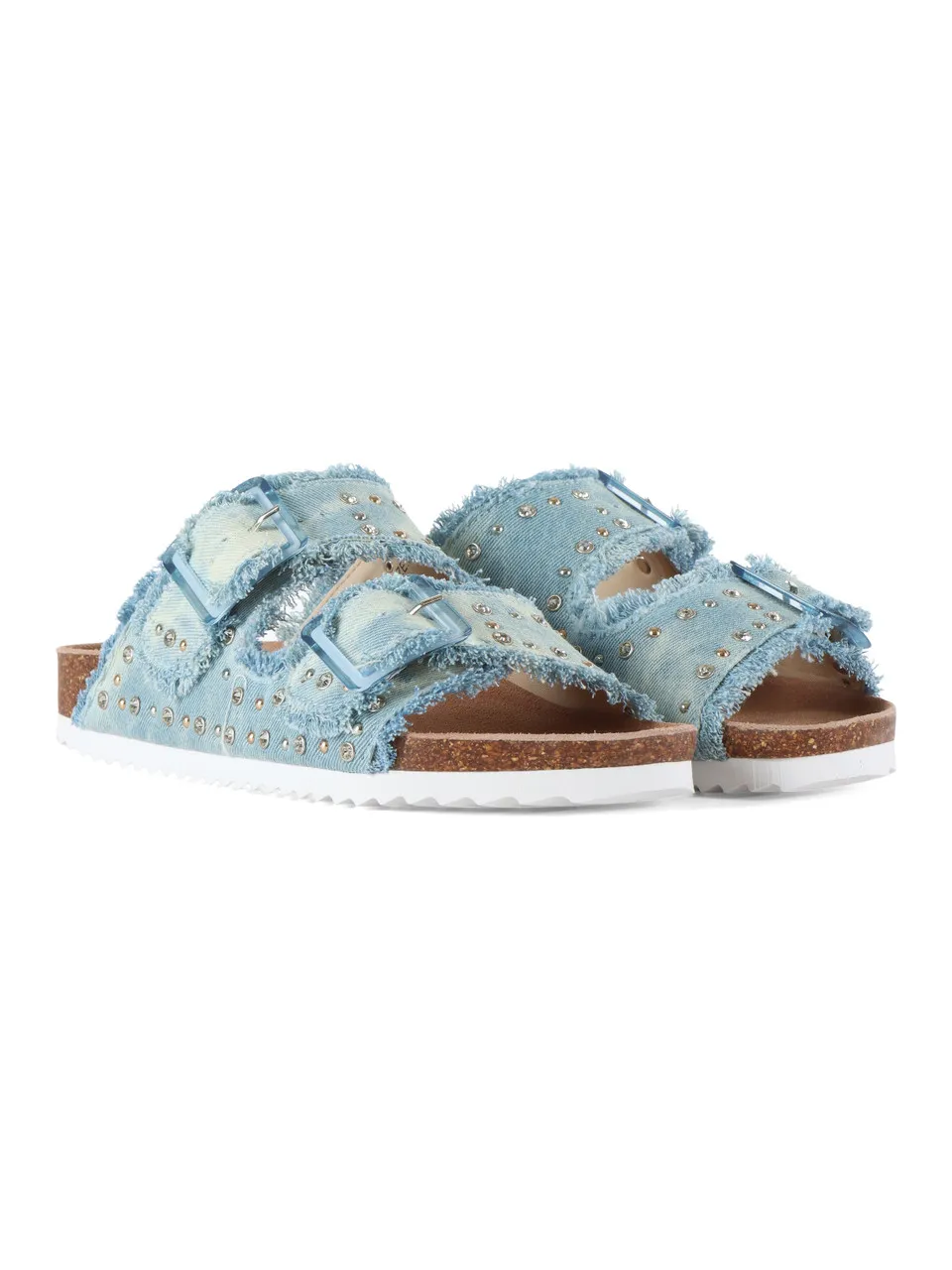 Sandali in denim con borchie e strass
