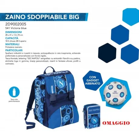 SCHOOL PACK SSC NAPOLI ZAINO ESTENSIBILE 45X30X27CM+ ASTUCCIO 3 ZIP 45PZ.+PALLONE PRODOTTO UFFICIALE DA SEVEN ITALY