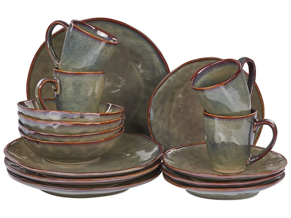 Set of 16 Dinnerware THYME Stoneware Dark Green