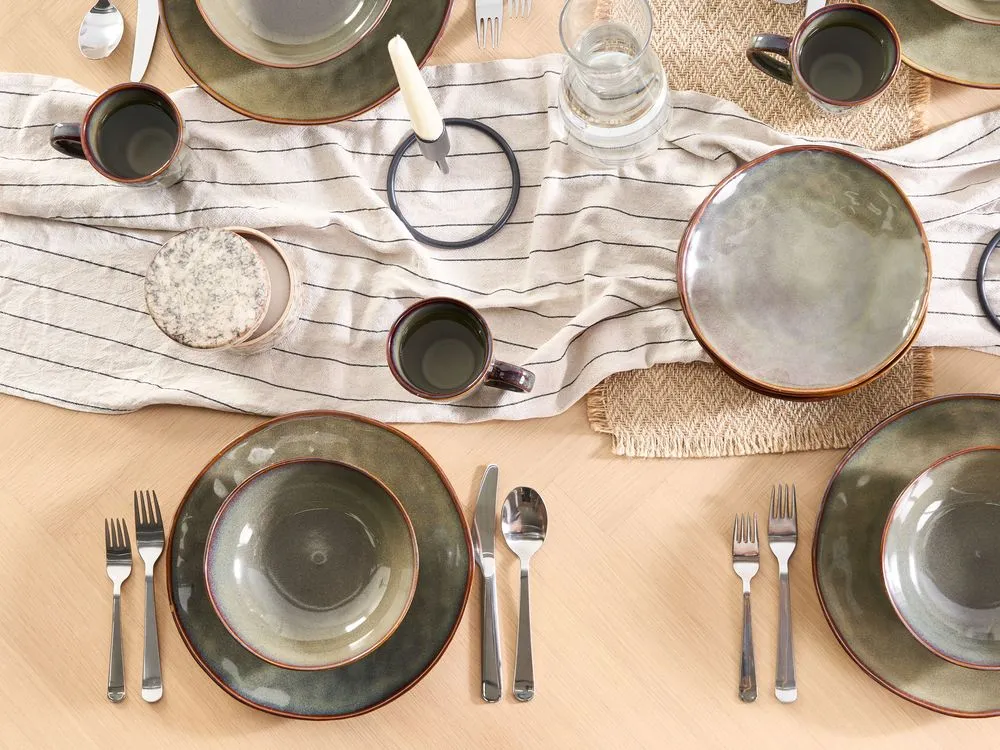 Set of 16 Dinnerware THYME Stoneware Dark Green