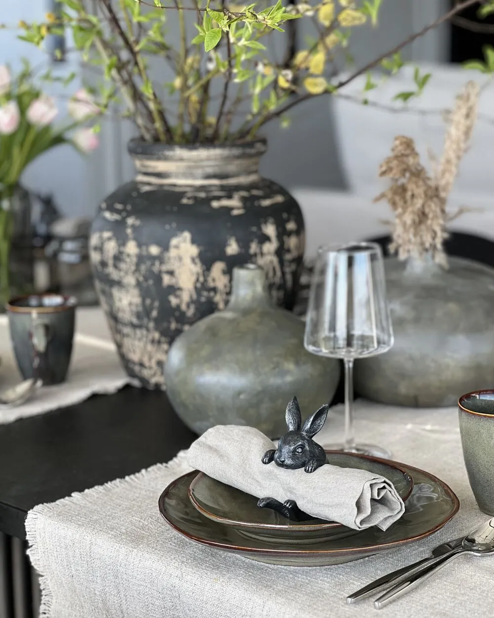 Set of 16 Dinnerware THYME Stoneware Dark Green