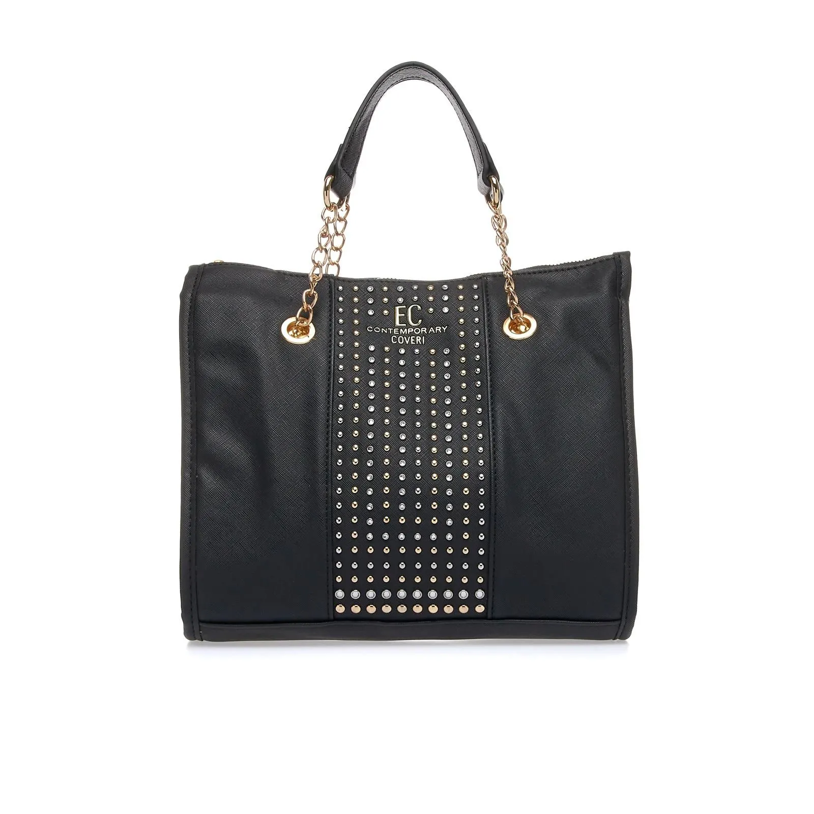 Shopper nera squadrata con strass e borchie