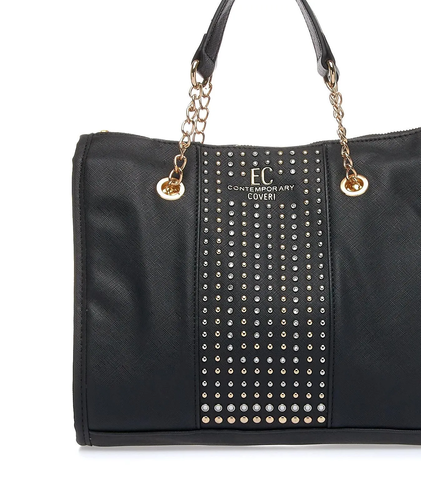 Shopper nera squadrata con strass e borchie
