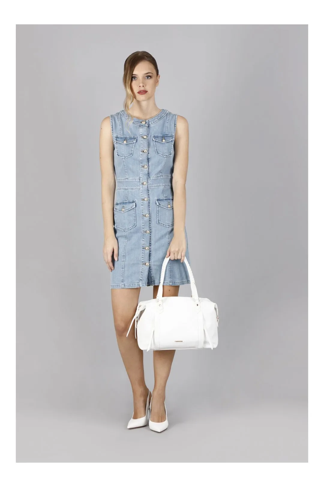 shopping con tasche e zip, manici con infilatura bianco