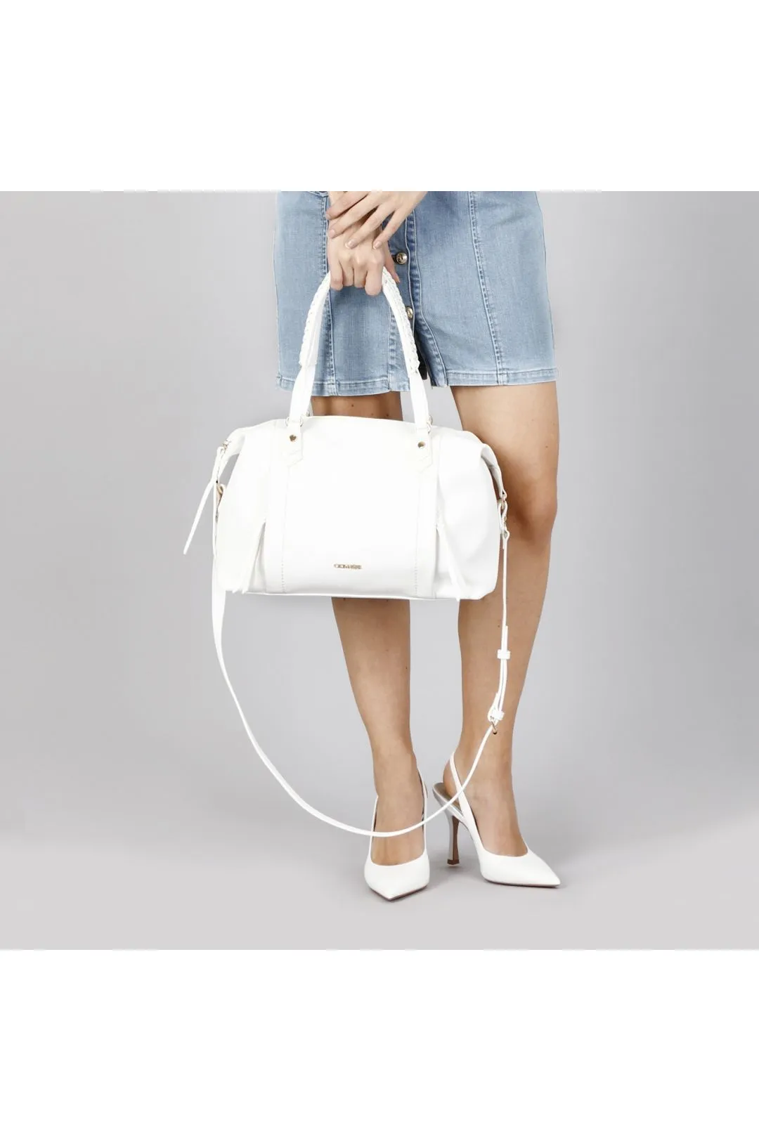 shopping con tasche e zip, manici con infilatura bianco