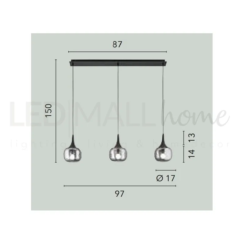 Sospensione lineare in metallo con tre diffusori in vetro Fume/Nera 3Xe14 97X150X87Cm