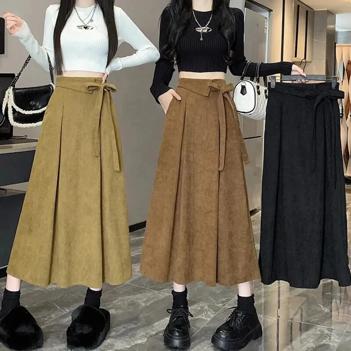 Xpqbb Gonne di velluto a coste vintage con lacci Donna Autunno Inverno Dimagrante Gonna a pieghe a vita alta Tasche donna Gonne