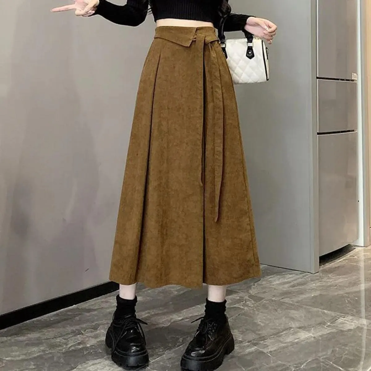 Xpqbb Gonne di velluto a coste vintage con lacci Donna Autunno Inverno Dimagrante Gonna a pieghe a vita alta Tasche donna Gonne