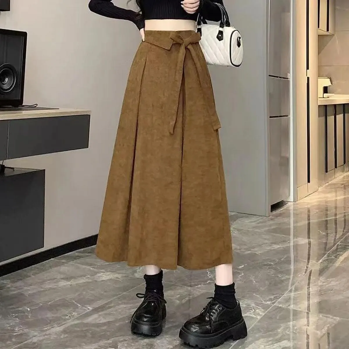 Xpqbb Gonne di velluto a coste vintage con lacci Donna Autunno Inverno Dimagrante Gonna a pieghe a vita alta Tasche donna Gonne