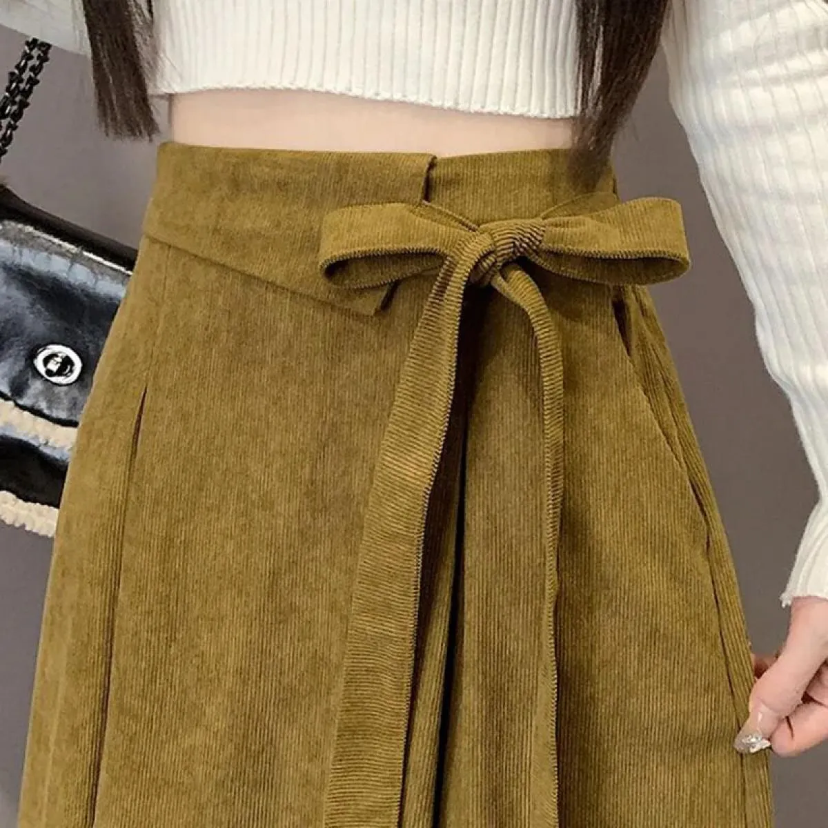 Xpqbb Gonne di velluto a coste vintage con lacci Donna Autunno Inverno Dimagrante Gonna a pieghe a vita alta Tasche donna Gonne