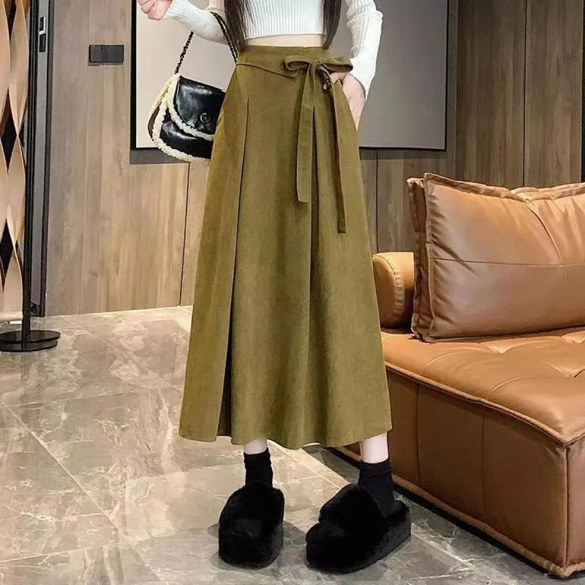 Xpqbb Gonne di velluto a coste vintage con lacci Donna Autunno Inverno Dimagrante Gonna a pieghe a vita alta Tasche donna Gonne