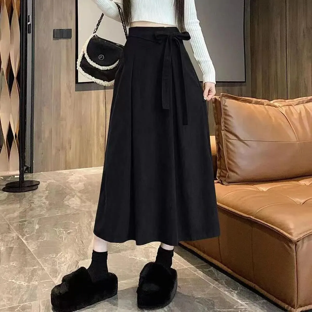 Xpqbb Gonne di velluto a coste vintage con lacci Donna Autunno Inverno Dimagrante Gonna a pieghe a vita alta Tasche donna Gonne