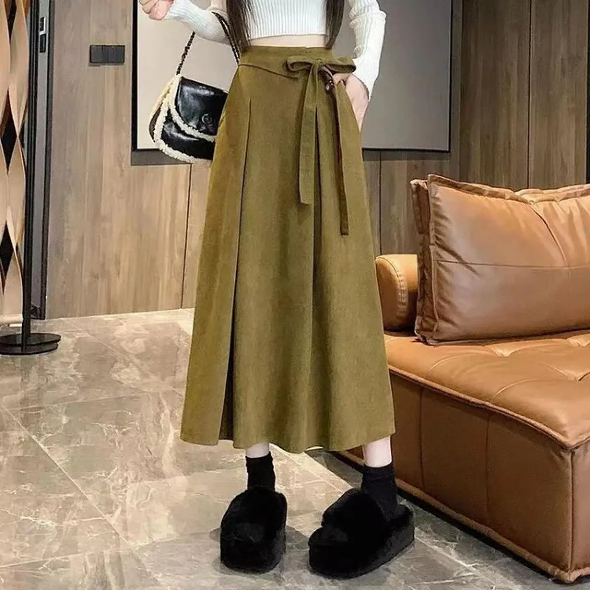 Xpqbb Gonne di velluto a coste vintage con lacci Donna Autunno Inverno Dimagrante Gonna a pieghe a vita alta Tasche donna Gonne