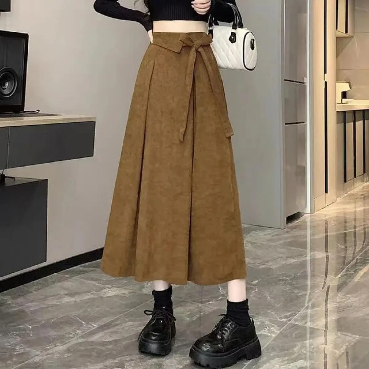 Xpqbb Gonne di velluto a coste vintage con lacci Donna Autunno Inverno Dimagrante Gonna a pieghe a vita alta Tasche donna Gonne