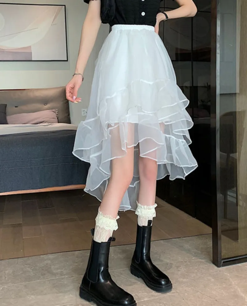 Zoki Summer Fashion Ruffles Gonna in tulle Vita alta Maglia bianca Nera Gonna irregolare da donna Elegante festa femminile
